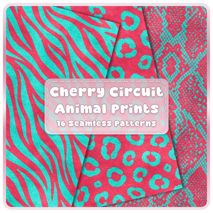 Cherry Circuit animal print seamless pattern bundle in cherry pink and aqua with zebra, leopard and snake print digital papers