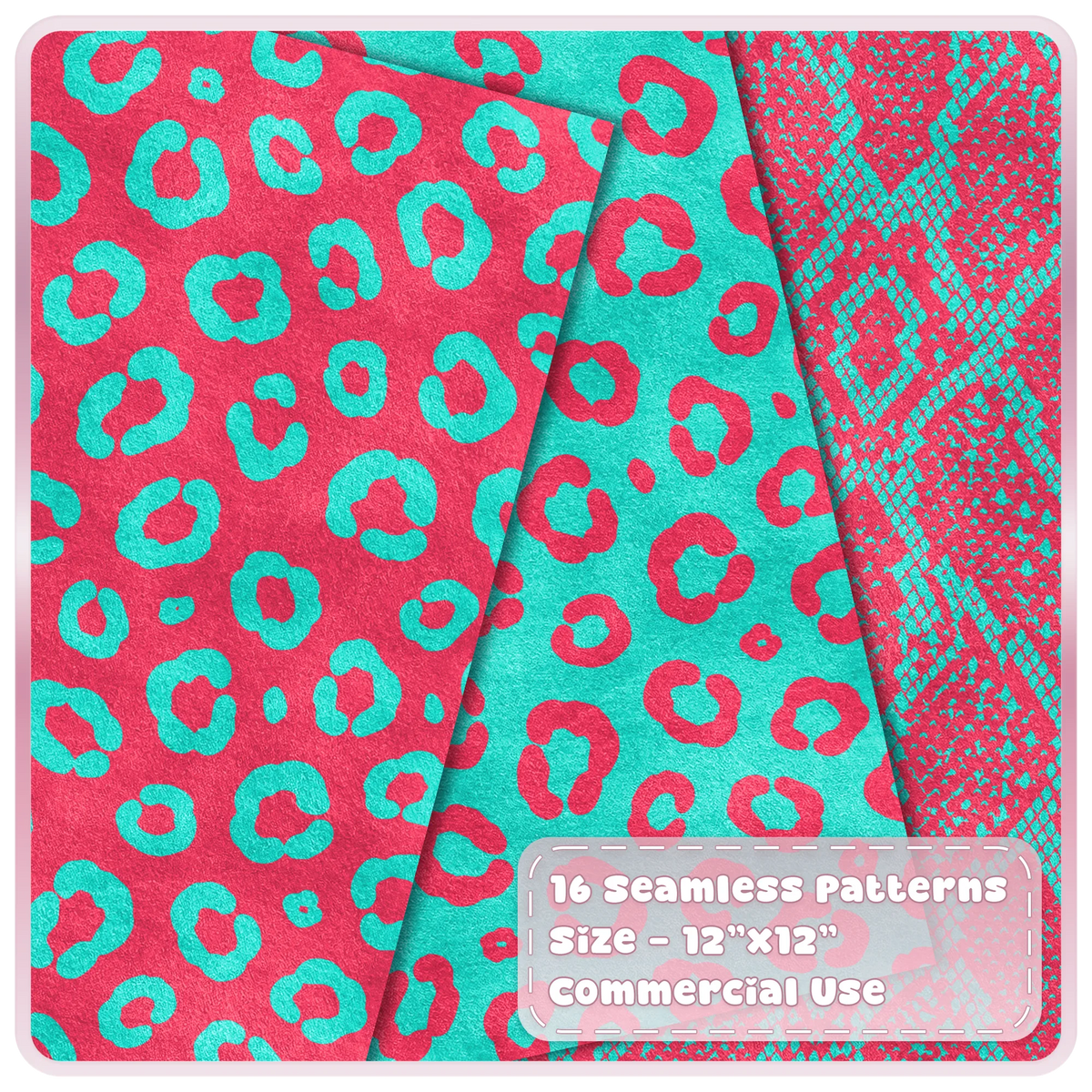 Cherry pink and aqua leopard print seamless digital papers from the Cherry Circuit animal pattern JPG collection