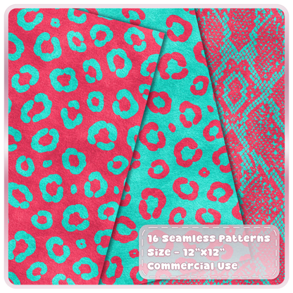 Cherry pink and aqua leopard print seamless digital papers from the Cherry Circuit animal pattern JPG collection