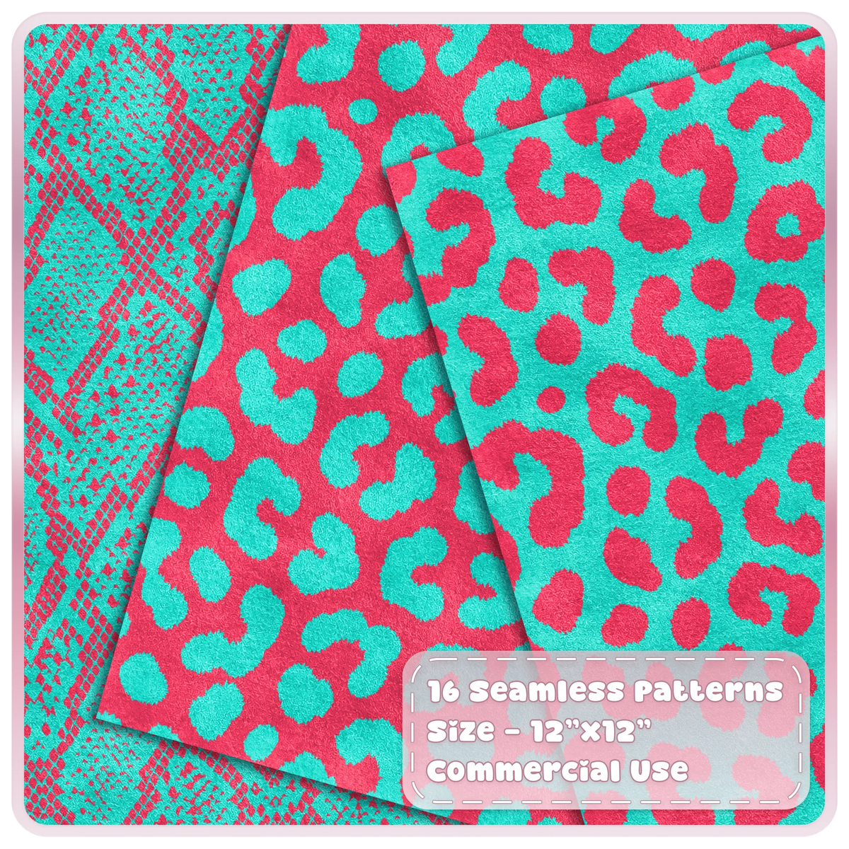 Aqua and cherry pink leopard and snakeskin seamless patterns shown as layered textured digital papers