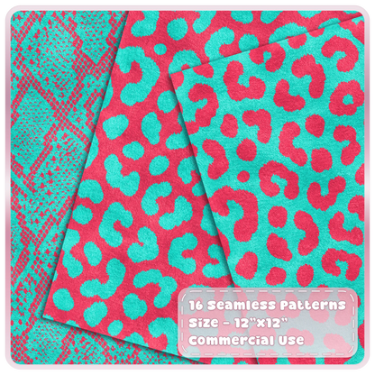 Aqua and cherry pink leopard and snakeskin seamless patterns shown as layered textured digital papers