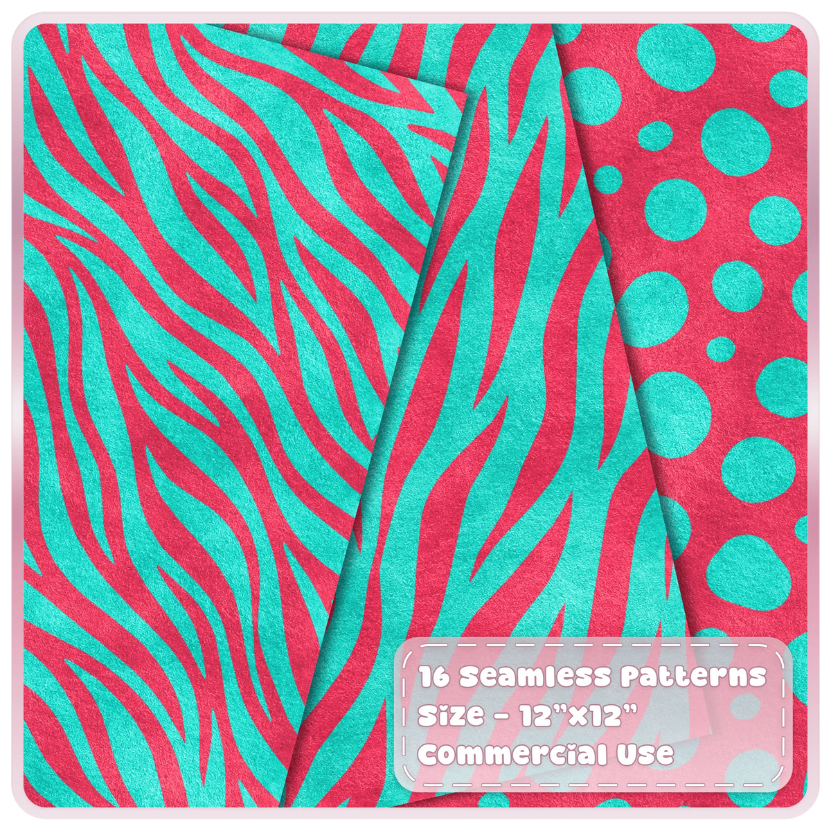 Cherry pink and aqua zebra stripe and spotted animal print seamless digital papers from the Cherry Circuit collection