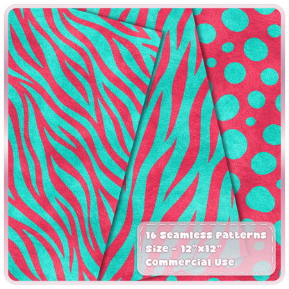 Cherry pink and aqua zebra stripe and spotted animal print seamless digital papers from the Cherry Circuit collection