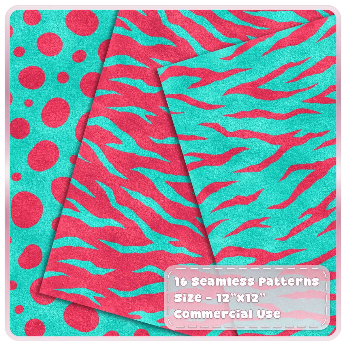 Aqua and cherry pink spotted and tiger stripe seamless animal print patterns shown as layered digital papers