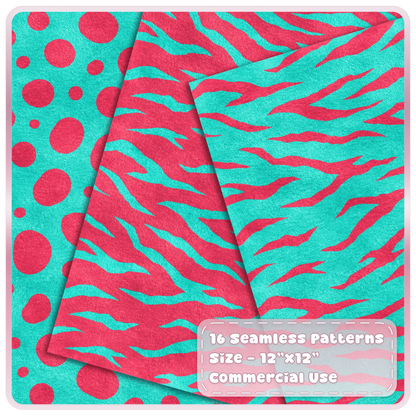 Aqua and cherry pink spotted and tiger stripe seamless animal print patterns shown as layered digital papers