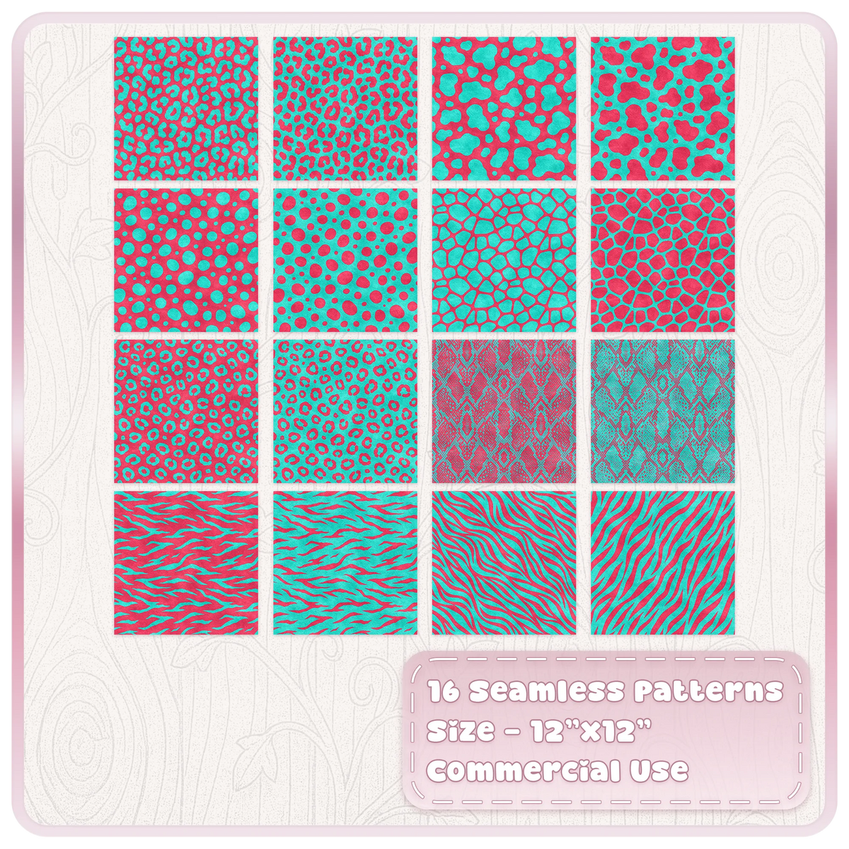 Full set of 16 cherry pink and aqua seamless animal print digital papers including leopard, zebra, snake and spots