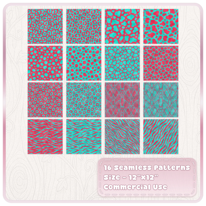 Full set of 16 cherry pink and aqua seamless animal print digital papers including leopard, zebra, snake and spots