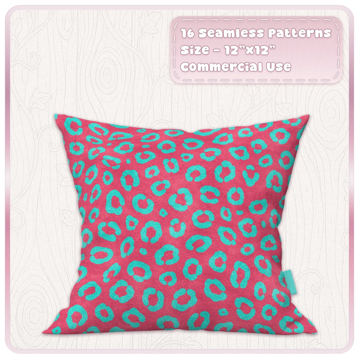 Cherry pink cushion mockup featuring an aqua leopard seamless pattern from the Cherry Circuit digital paper collection