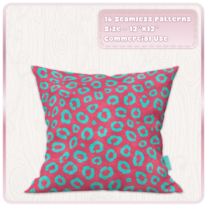 Cherry pink cushion mockup featuring an aqua leopard seamless pattern from the Cherry Circuit digital paper collection