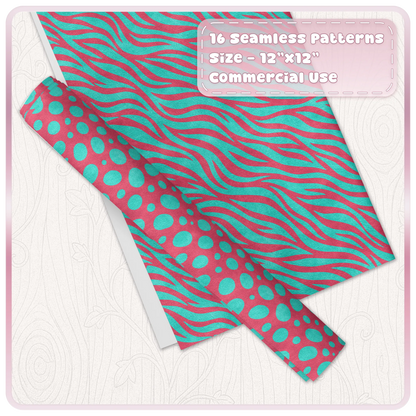 Cherry pink and aqua zebra and spotted animal print seamless patterns shown on wrapping paper and digital paper mockups