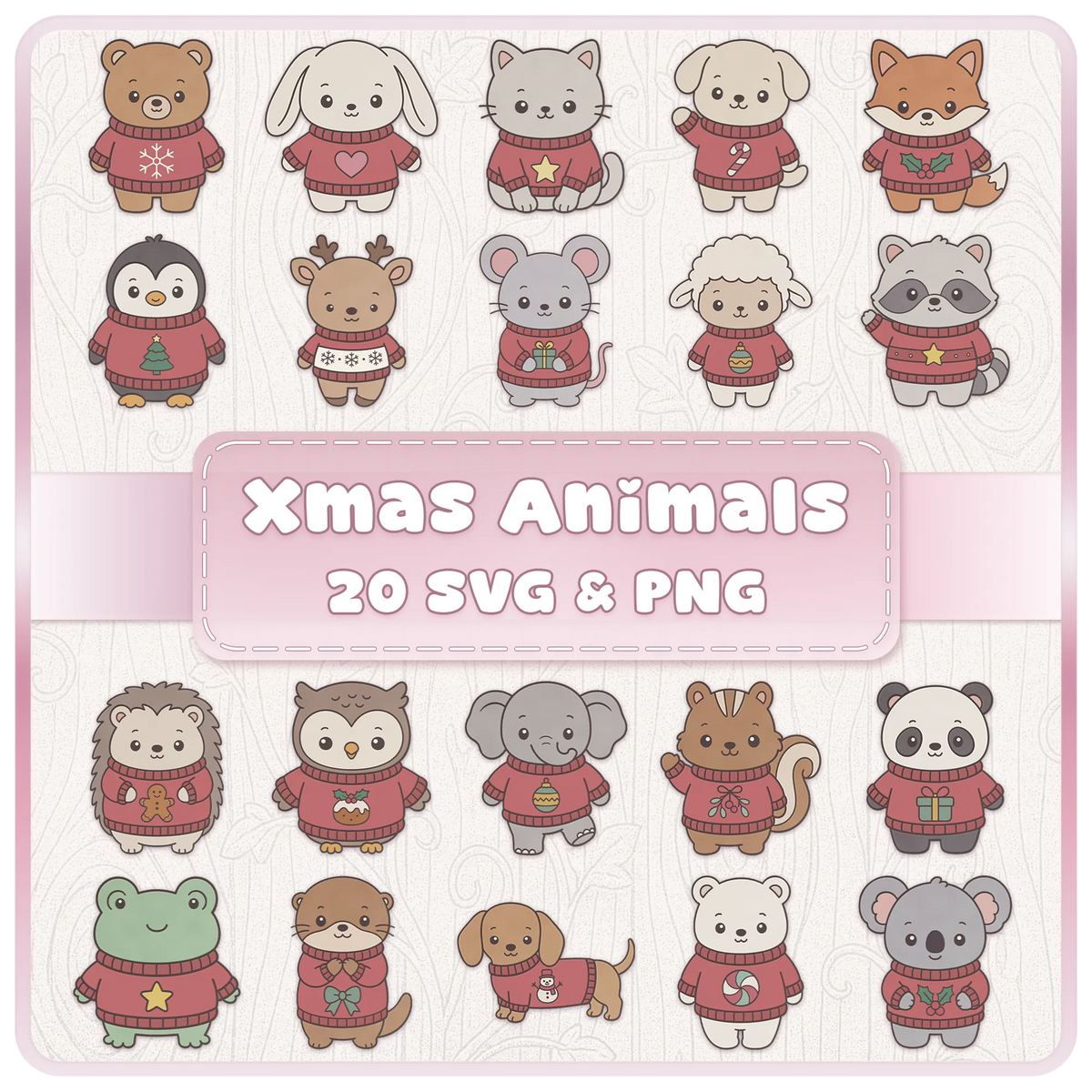 Christmas animal SVG and PNG clipart bundle featuring 20 cute festive animals in red Christmas sweaters, including bears, foxes, penguins and reindeer.