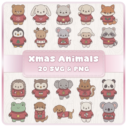 Christmas animal SVG and PNG clipart bundle featuring 20 cute festive animals in red Christmas sweaters, including bears, foxes, penguins and reindeer.