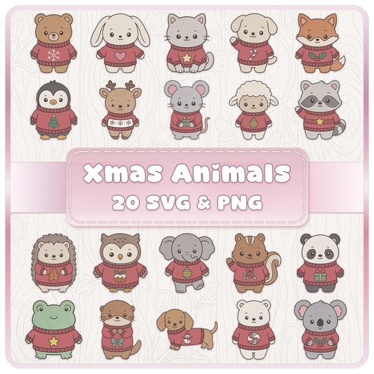 Christmas animal SVG and PNG clipart bundle featuring 20 cute festive animals in red Christmas sweaters, including bears, foxes, penguins and reindeer.