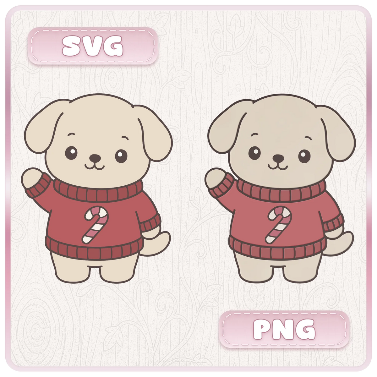 Cute Christmas puppy wearing a red candy cane jumper, showing matching SVG cutting file and PNG clipart designs for festive craft projects.