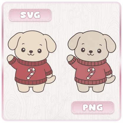Cute Christmas puppy wearing a red candy cane jumper, showing matching SVG cutting file and PNG clipart designs for festive craft projects.