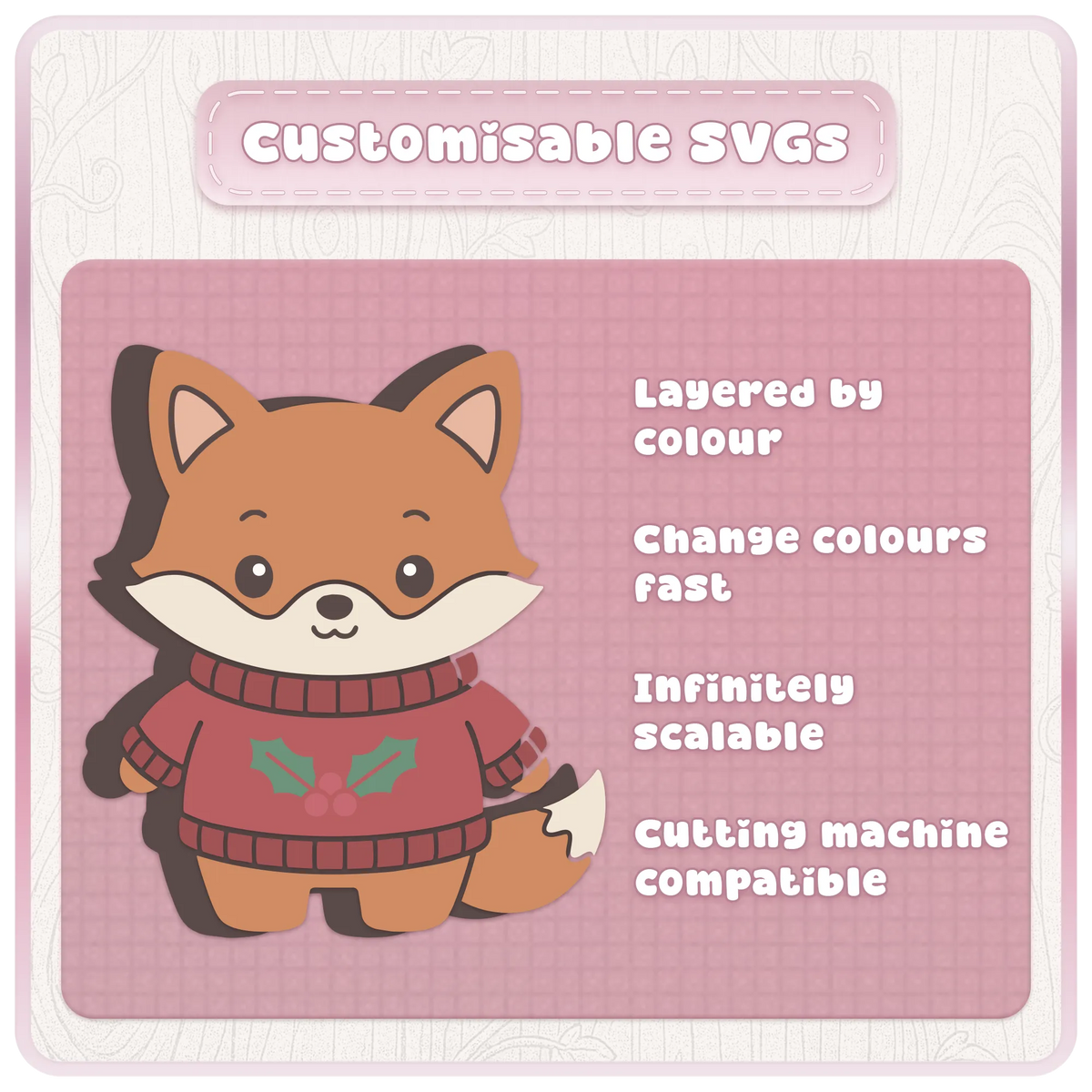 Customisable layered Christmas fox SVG wearing a festive holly jumper, with editable colour layers for Cricut and Silhouette Christmas crafts.