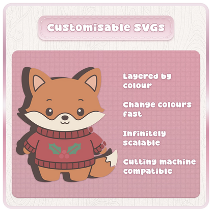 Customisable layered Christmas fox SVG wearing a festive holly jumper, with editable colour layers for Cricut and Silhouette Christmas crafts.