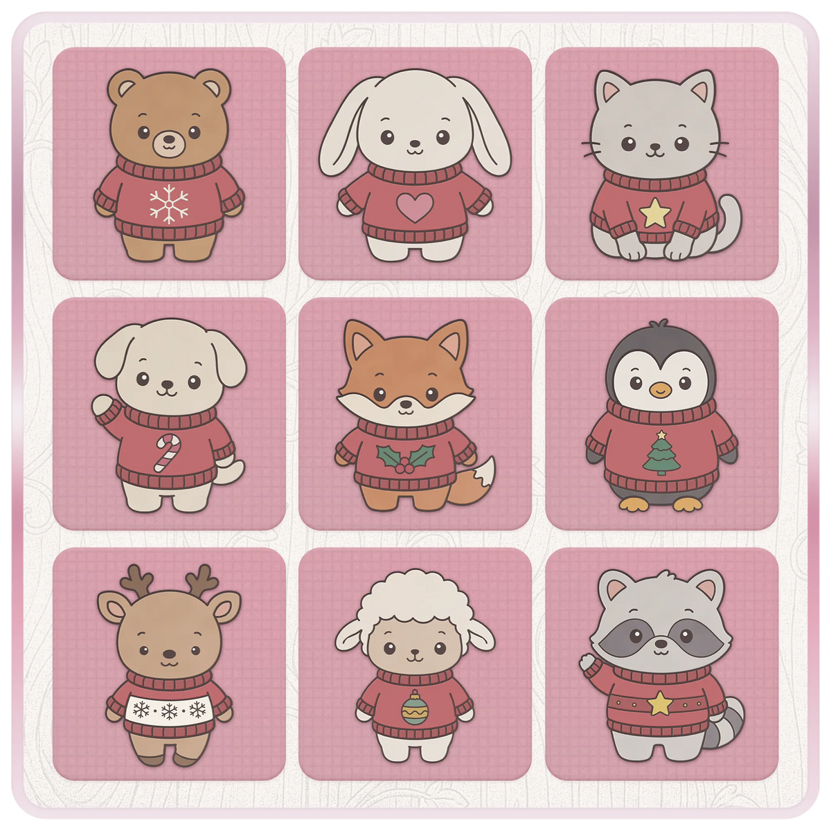 Nine cute Christmas animal SVG designs featuring a bear, bunny, cat, dog, fox, penguin, reindeer, sheep and raccoon in festive jumpers.