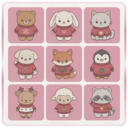 Nine cute Christmas animal SVG designs featuring a bear, bunny, cat, dog, fox, penguin, reindeer, sheep and raccoon in festive jumpers.