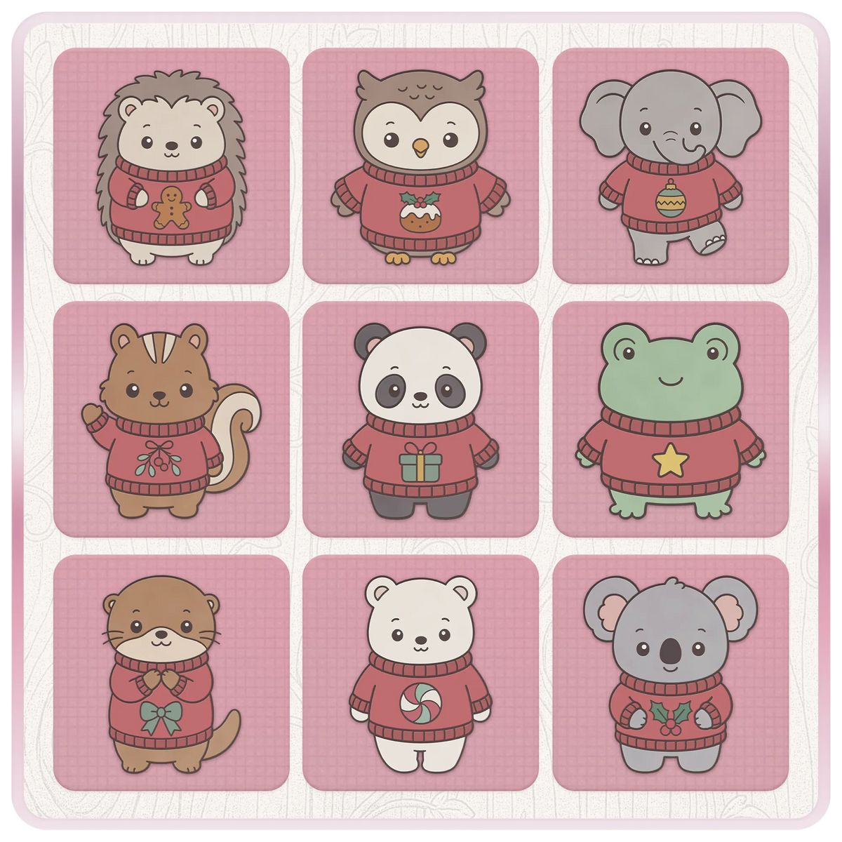 Cute festive animal PNG clipart featuring a hedgehog, owl, elephant, squirrel, panda, frog, otter, polar bear and koala wearing Christmas jumpers.