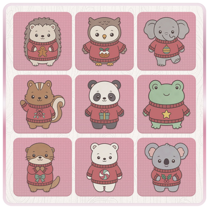 Cute festive animal PNG clipart featuring a hedgehog, owl, elephant, squirrel, panda, frog, otter, polar bear and koala wearing Christmas jumpers.