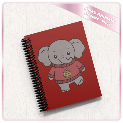 Cute Christmas elephant PNG clipart on a red spiral notebook mockup, showcasing a festive animal jumper design for personalised Christmas gifts.