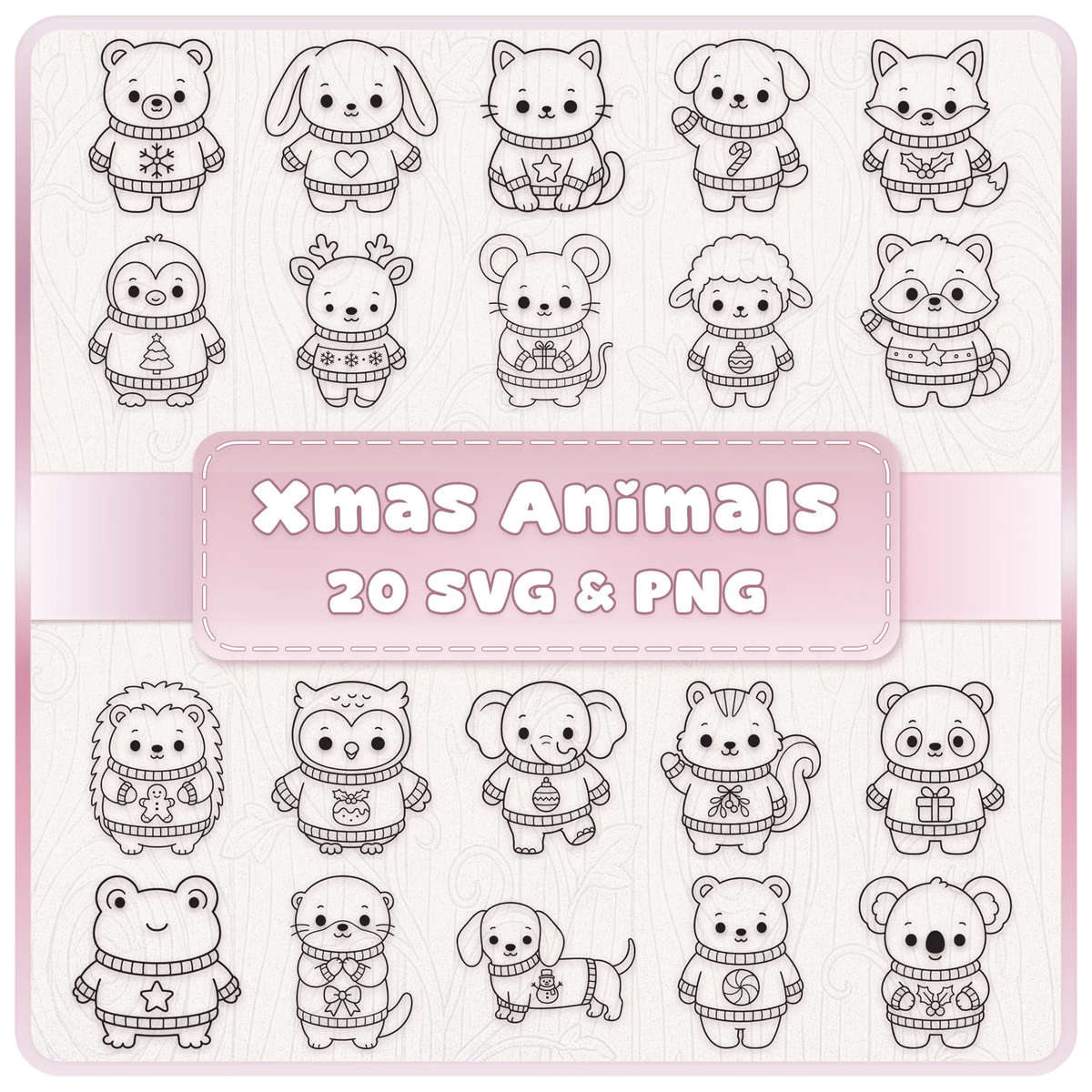 20 cute Christmas animals SVG and PNG line art bundle featuring festive jumper designs, woodland animal clipart and Christmas cutting files.