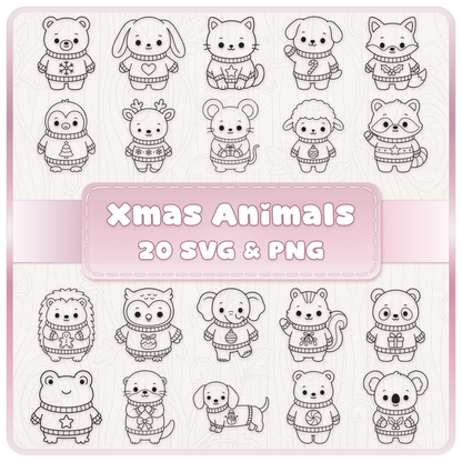 20 cute Christmas animals SVG and PNG line art bundle featuring festive jumper designs, woodland animal clipart and Christmas cutting files.