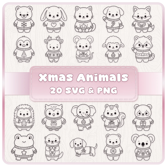 20 cute Christmas animals SVG and PNG line art bundle featuring festive jumper designs, woodland animal clipart and Christmas cutting files.