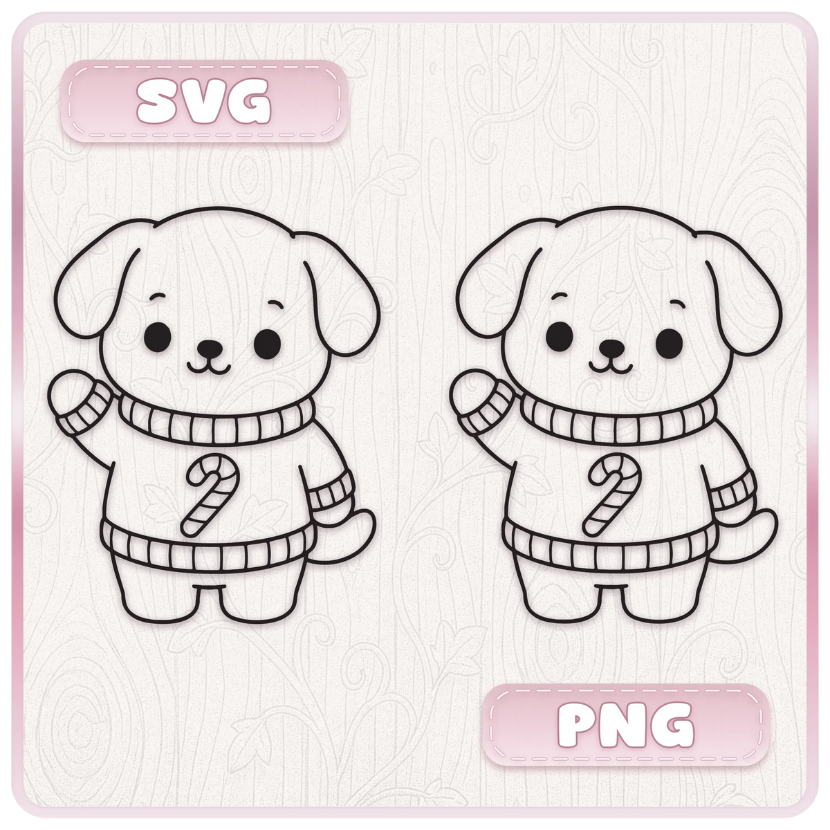 Cute Christmas puppy wearing a candy cane jumper shown as matching SVG and PNG black outline clipart designs for festive craft projects.