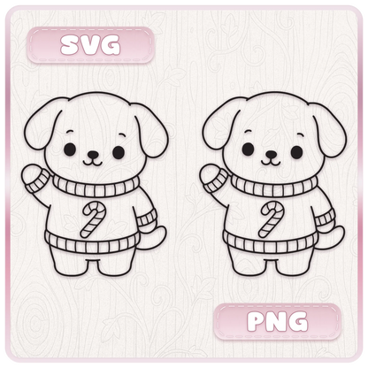 Cute Christmas puppy wearing a candy cane jumper shown as matching SVG and PNG black outline clipart designs for festive craft projects.