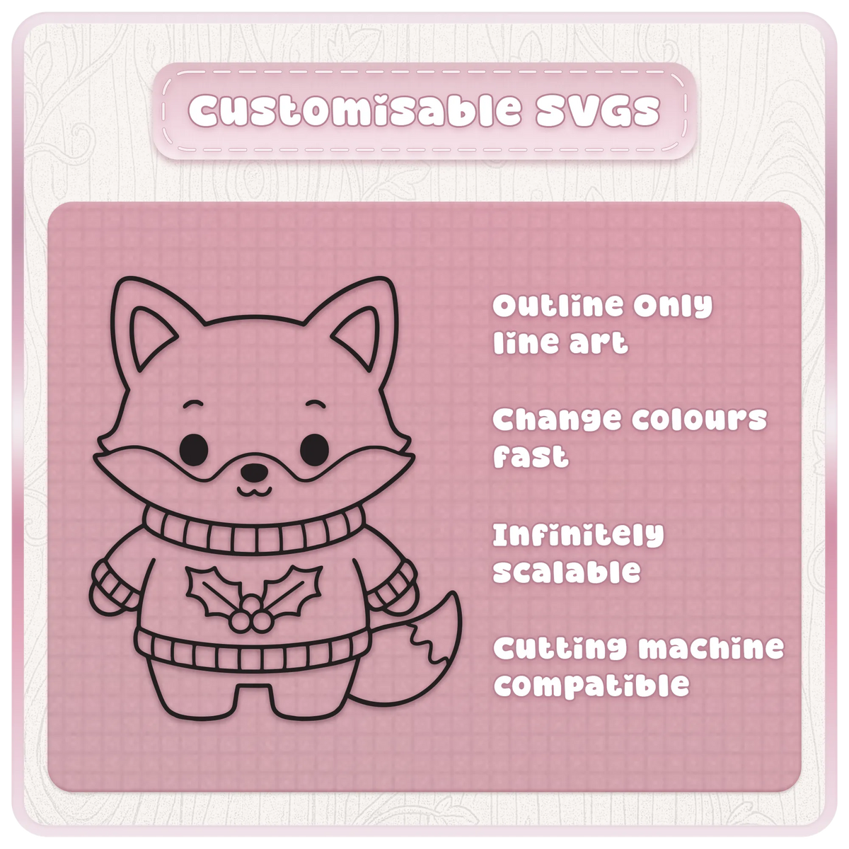 Customisable Christmas fox SVG line art wearing a holly jumper, with scalable black outlines for Cricut crafts, colouring and cutting projects.