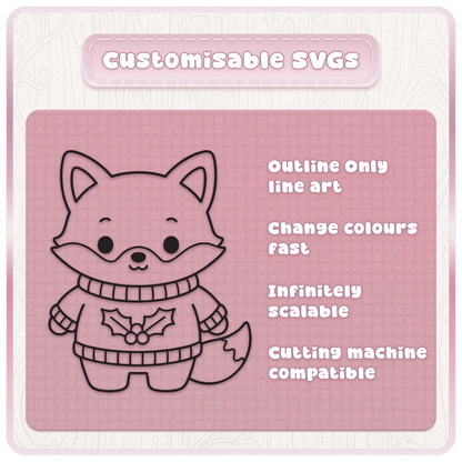 Customisable Christmas fox SVG line art wearing a holly jumper, with scalable black outlines for Cricut crafts, colouring and cutting projects.