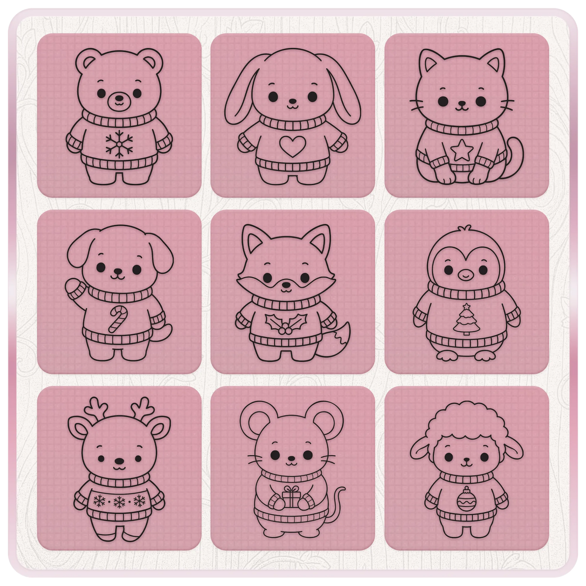 Nine cute Christmas animals SVG line art designs featuring a bear, bunny, cat, puppy, fox, penguin, reindeer, mouse and sheep in festive jumpers.