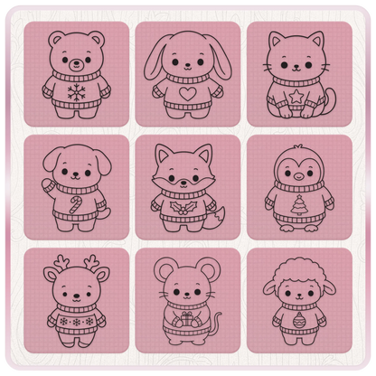 Nine cute Christmas animals SVG line art designs featuring a bear, bunny, cat, puppy, fox, penguin, reindeer, mouse and sheep in festive jumpers.