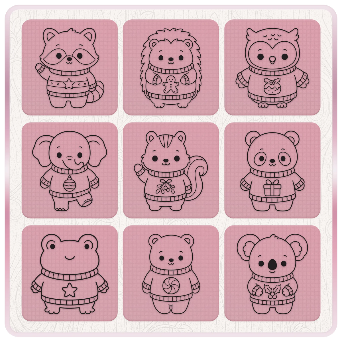 Nine festive animal line art SVG designs featuring a raccoon, hedgehog, owl, elephant, squirrel, panda, frog, bear and koala wearing Christmas sweaters.