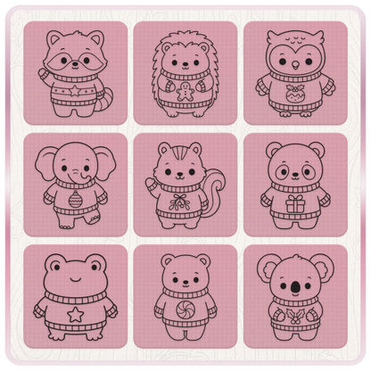 Nine festive animal line art SVG designs featuring a raccoon, hedgehog, owl, elephant, squirrel, panda, frog, bear and koala wearing Christmas sweaters.