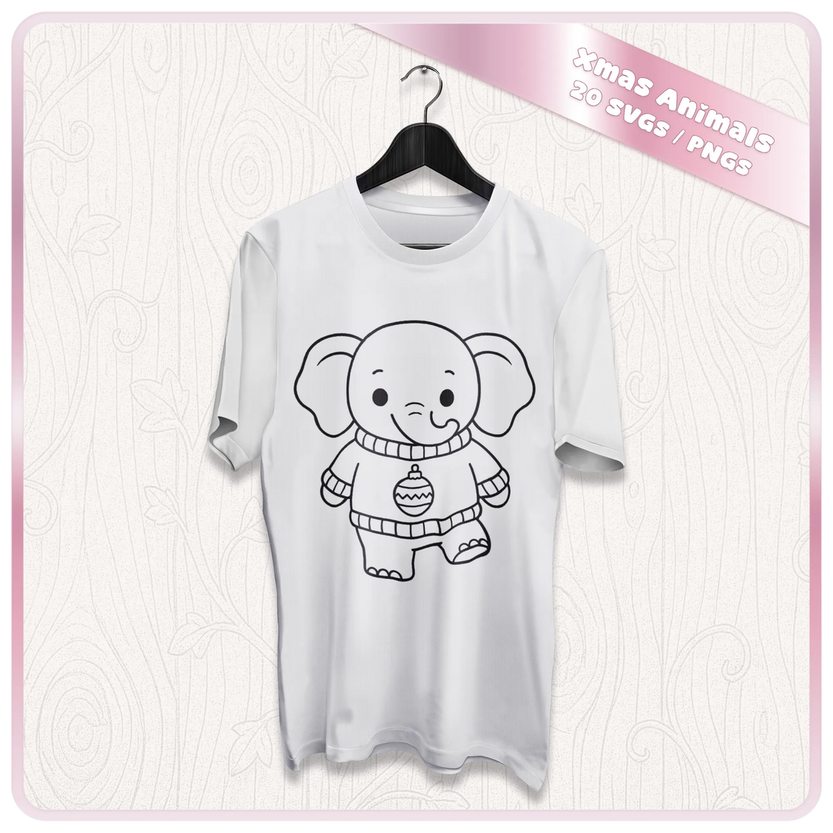 White Christmas T-shirt mockup featuring cute elephant SVG line art in a festive bauble jumper, ideal for Christmas clothing and Cricut projects.