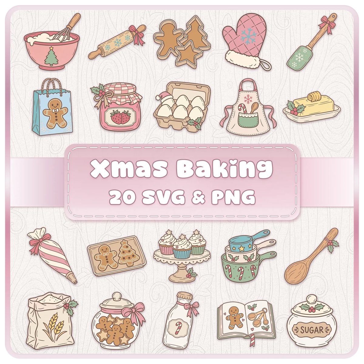 Christmas Baking SVG and PNG clipart bundle featuring 20 cute festive designs including gingerbread cookies, rolling pins, cupcakes and baking utensils.