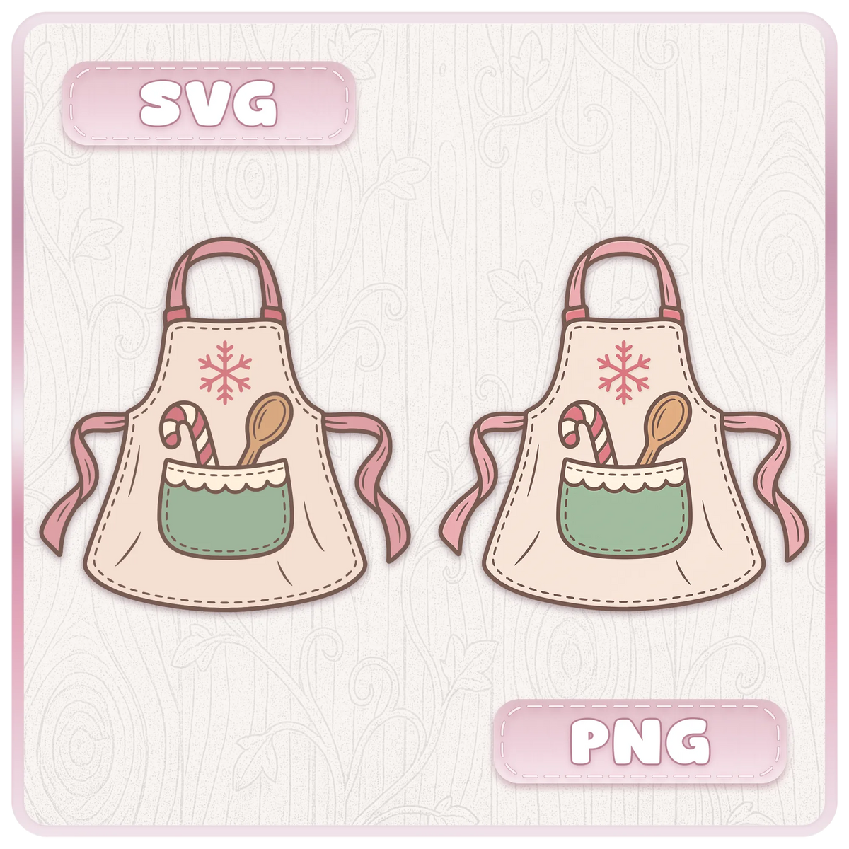 Christmas baking apron clipart shown in SVG and PNG formats, featuring pink ties, a green pocket, candy cane and wooden spoon.