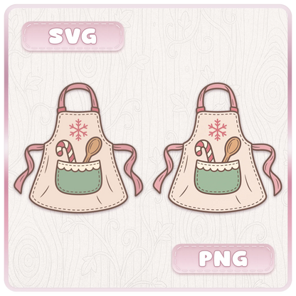 Christmas baking apron clipart shown in SVG and PNG formats, featuring pink ties, a green pocket, candy cane and wooden spoon.