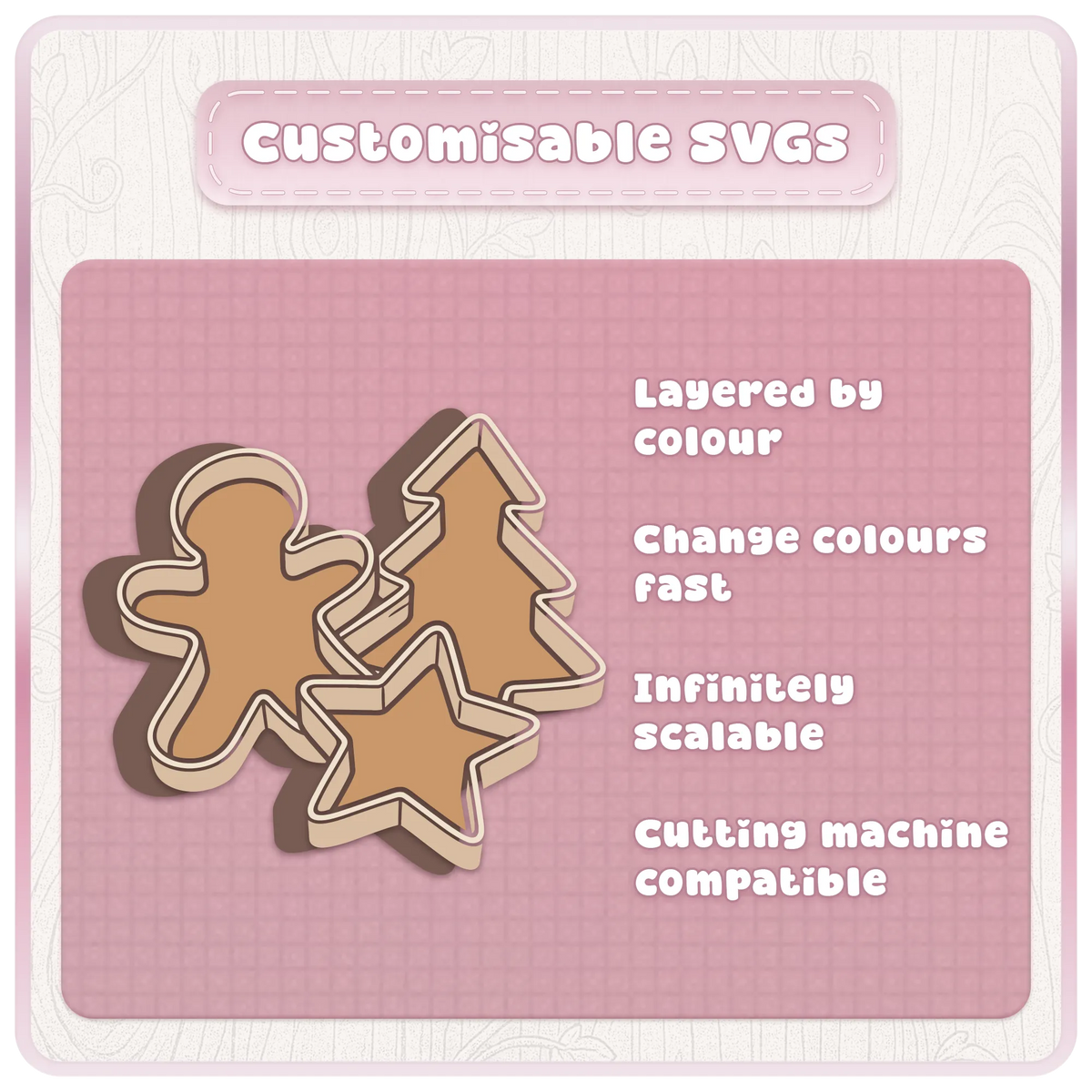 Customisable Christmas baking SVG cookie cutters in gingerbread man, Christmas tree and star shapes, layered by colour for easy editing.
