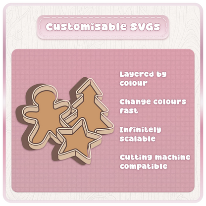 Customisable Christmas baking SVG cookie cutters in gingerbread man, Christmas tree and star shapes, layered by colour for easy editing.