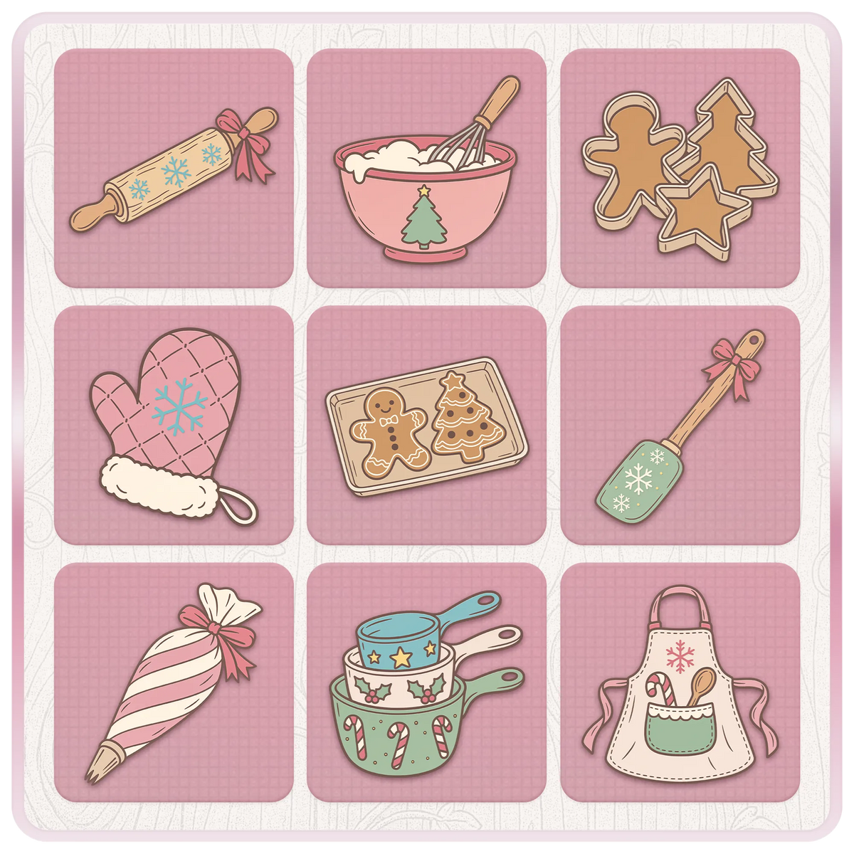 Nine cute Christmas baking SVG and PNG designs featuring a rolling pin, mixing bowl, cookie cutters, oven mitt, baking tray and festive utensils.