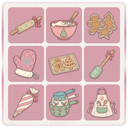 Nine cute Christmas baking SVG and PNG designs featuring a rolling pin, mixing bowl, cookie cutters, oven mitt, baking tray and festive utensils.