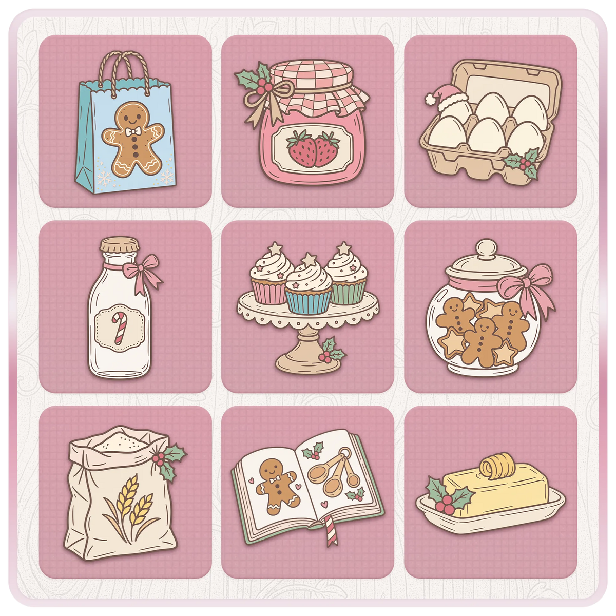 Festive Christmas baking clipart featuring gingerbread cookies, jam jar, egg carton, cupcakes, milk bottle, flour bag, recipe book and butter.