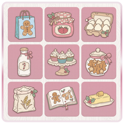 Festive Christmas baking clipart featuring gingerbread cookies, jam jar, egg carton, cupcakes, milk bottle, flour bag, recipe book and butter.