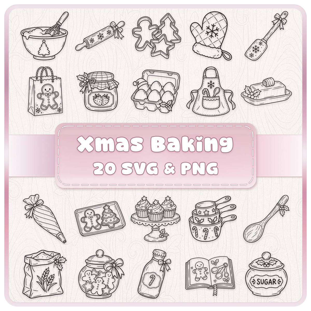 Christmas baking SVG and PNG line art bundle featuring 20 festive clipart designs including gingerbread, aprons and utensils