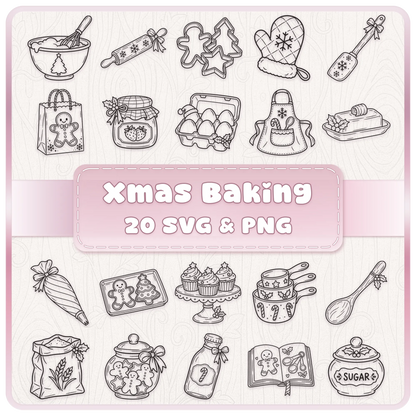 Christmas baking SVG and PNG line art bundle featuring 20 festive clipart designs including gingerbread, aprons and utensils