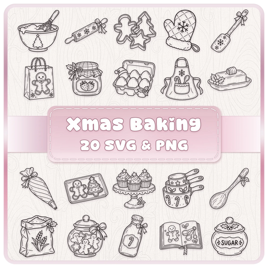 Christmas baking SVG and PNG line art bundle featuring 20 festive clipart designs including gingerbread, aprons and utensils